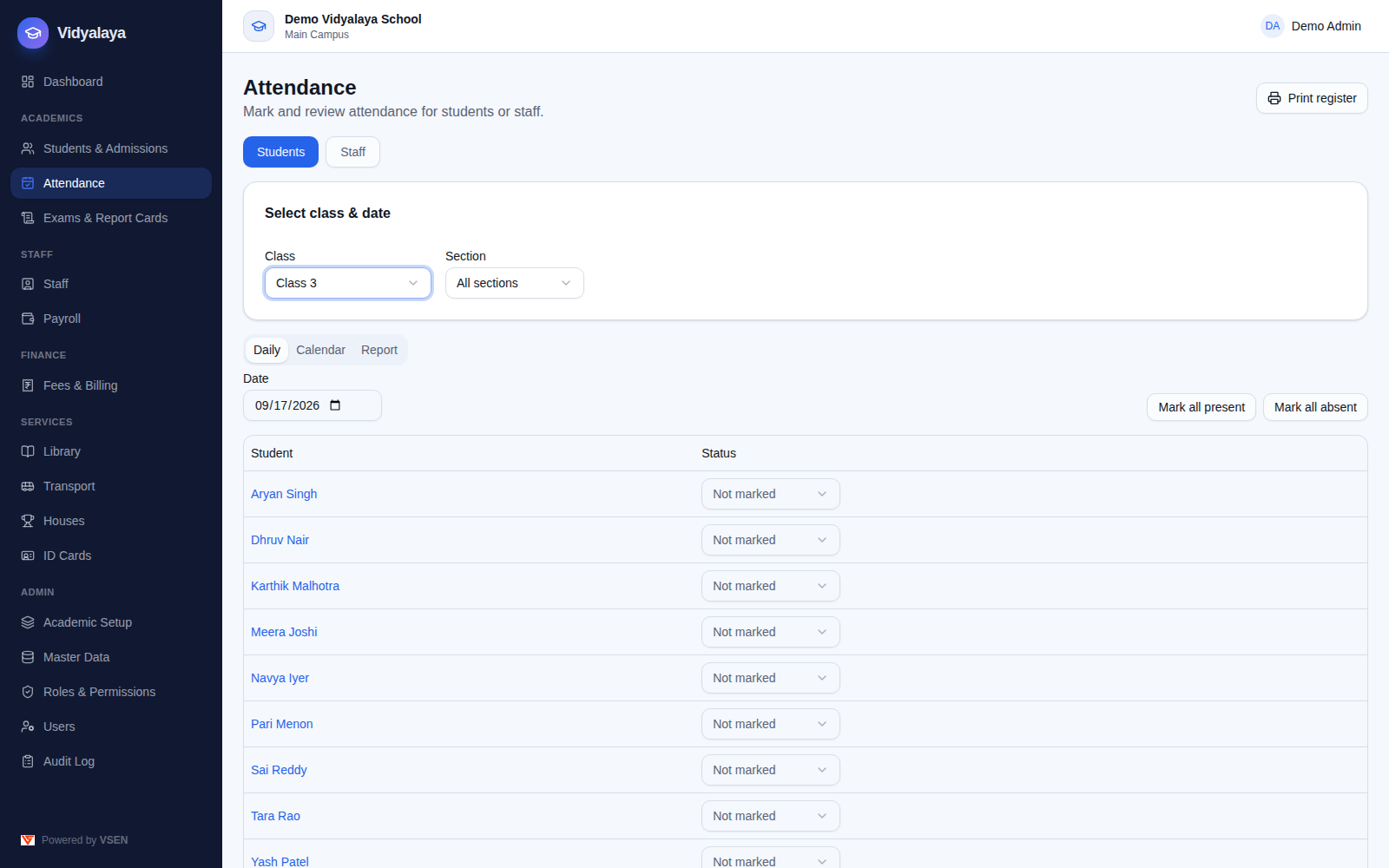 Attendance page with a class roster and status dropdowns