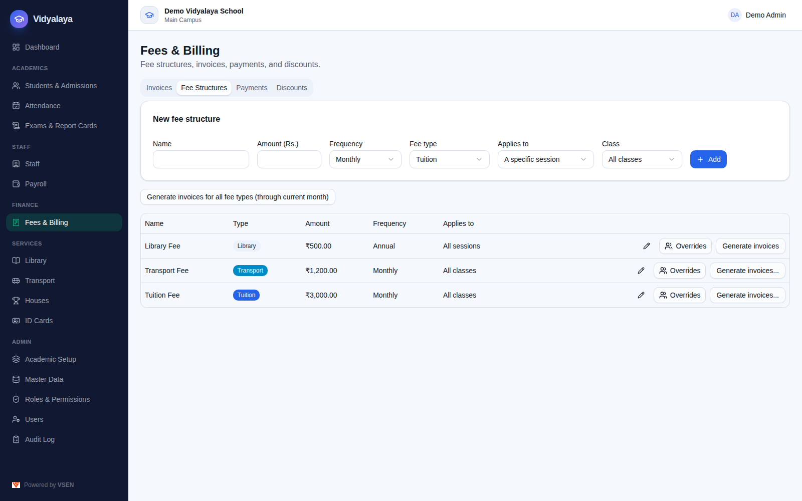 Fee structure creation form and list