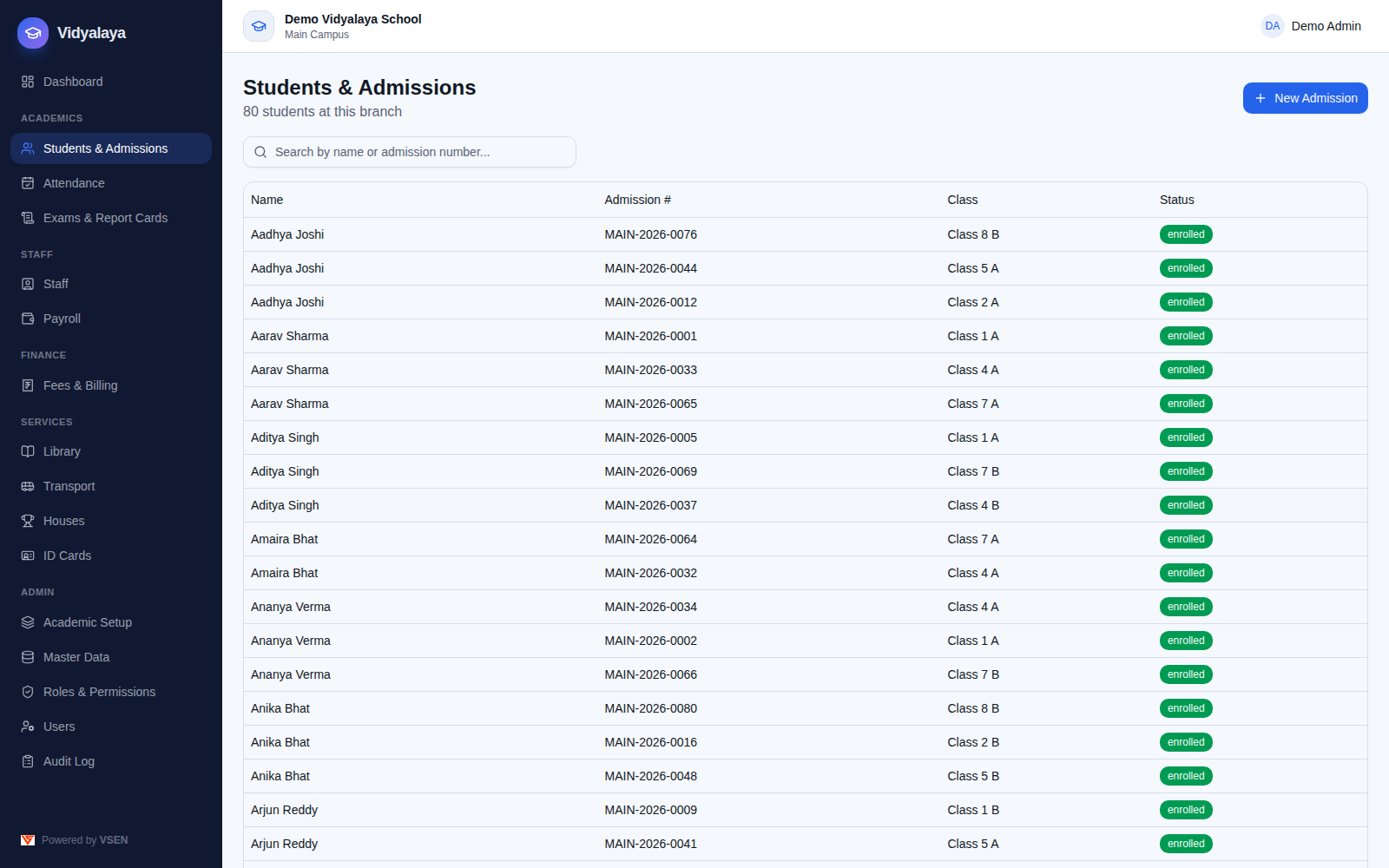 Student directory list with search and class filters