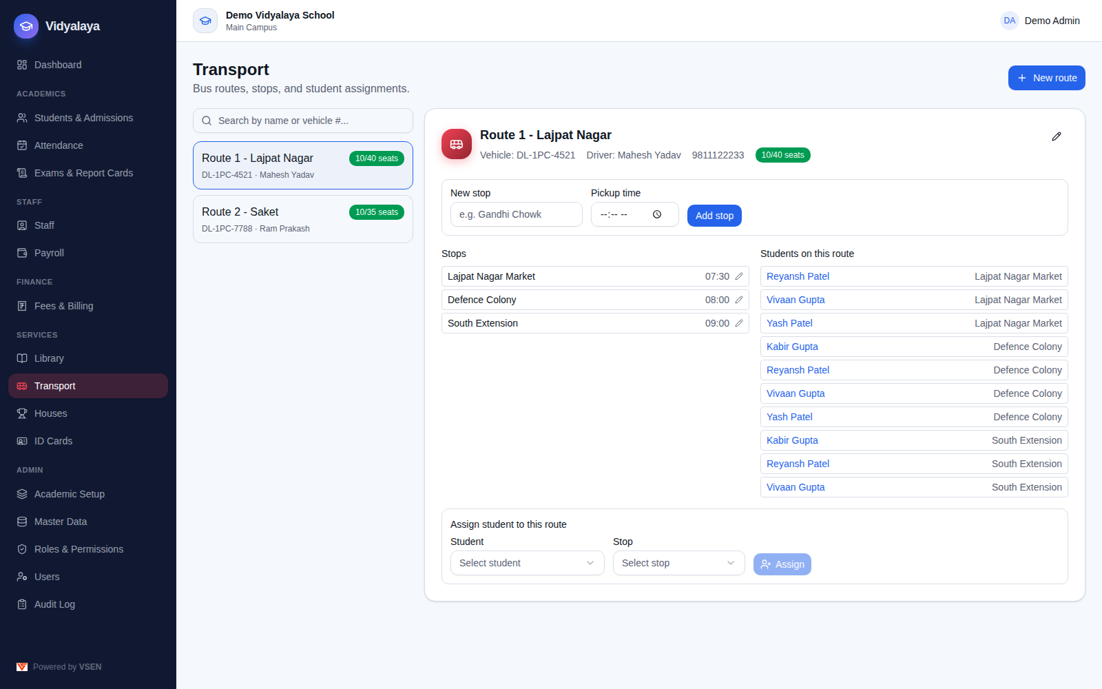Transport route list and roster detail view